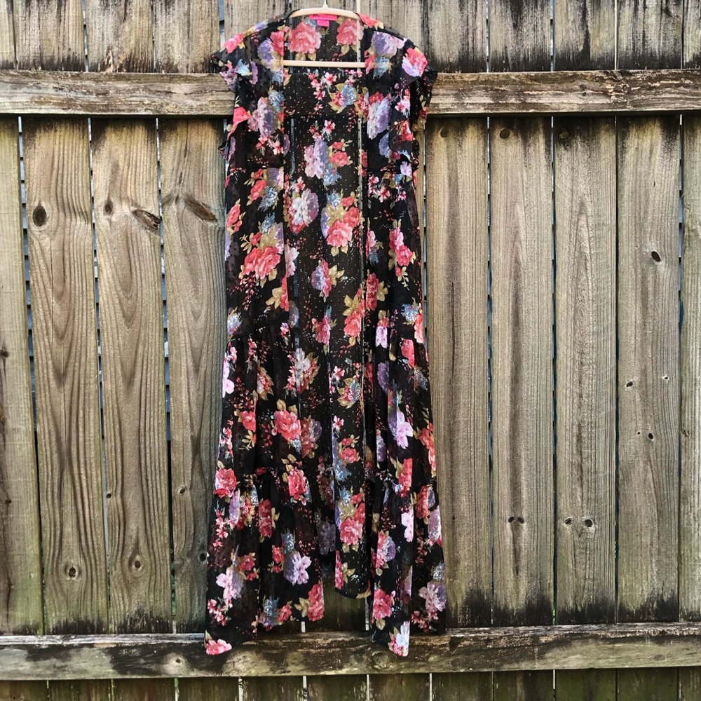 Betsey Johnson Dark Floral Sheer Open Front Swim Coverup Duster Swiss Dot